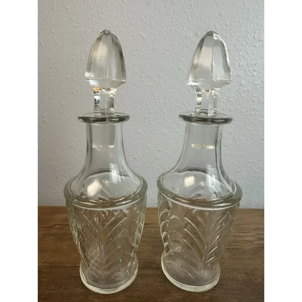 MCM Pair vintage leaf Janette glass decanters with stoppers 10” tall
